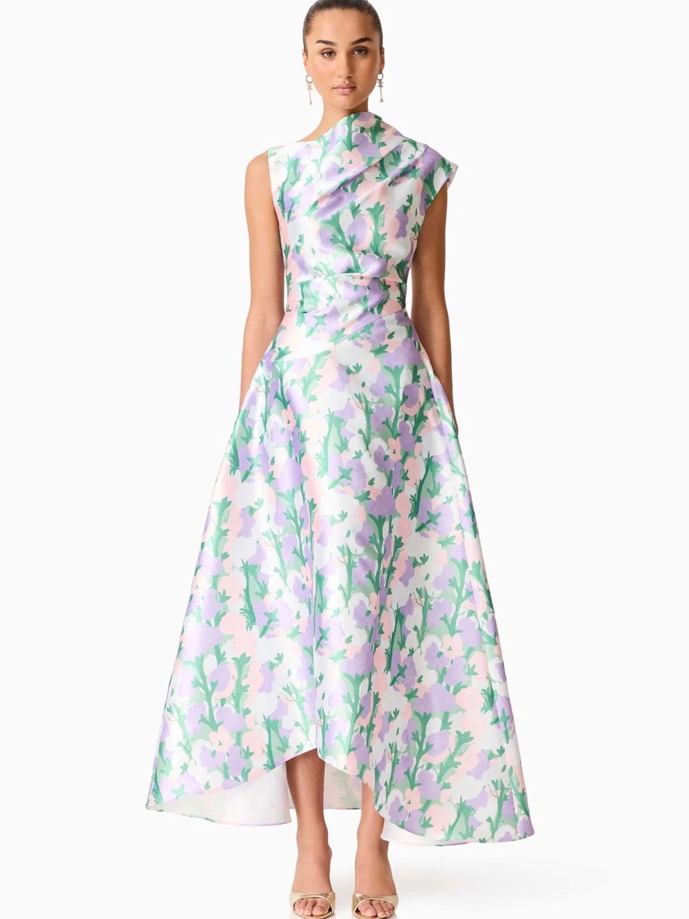 Elliatt Lavina Pastel Floral High-Low Satin Evening Dress in Green & Lilac